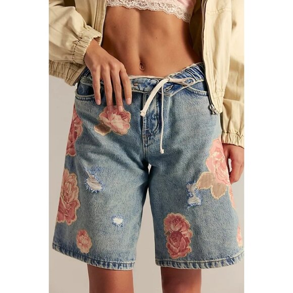 Free People Pants - Free People Blue Floral Jean Shorts